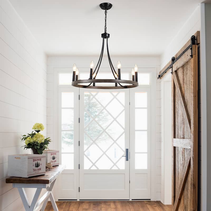 8-light Rustic Farmhouse Wagon Wheel Chandelier Candle Dining Room Lighting Fixtures for Kitchen Island Foyer - N/A