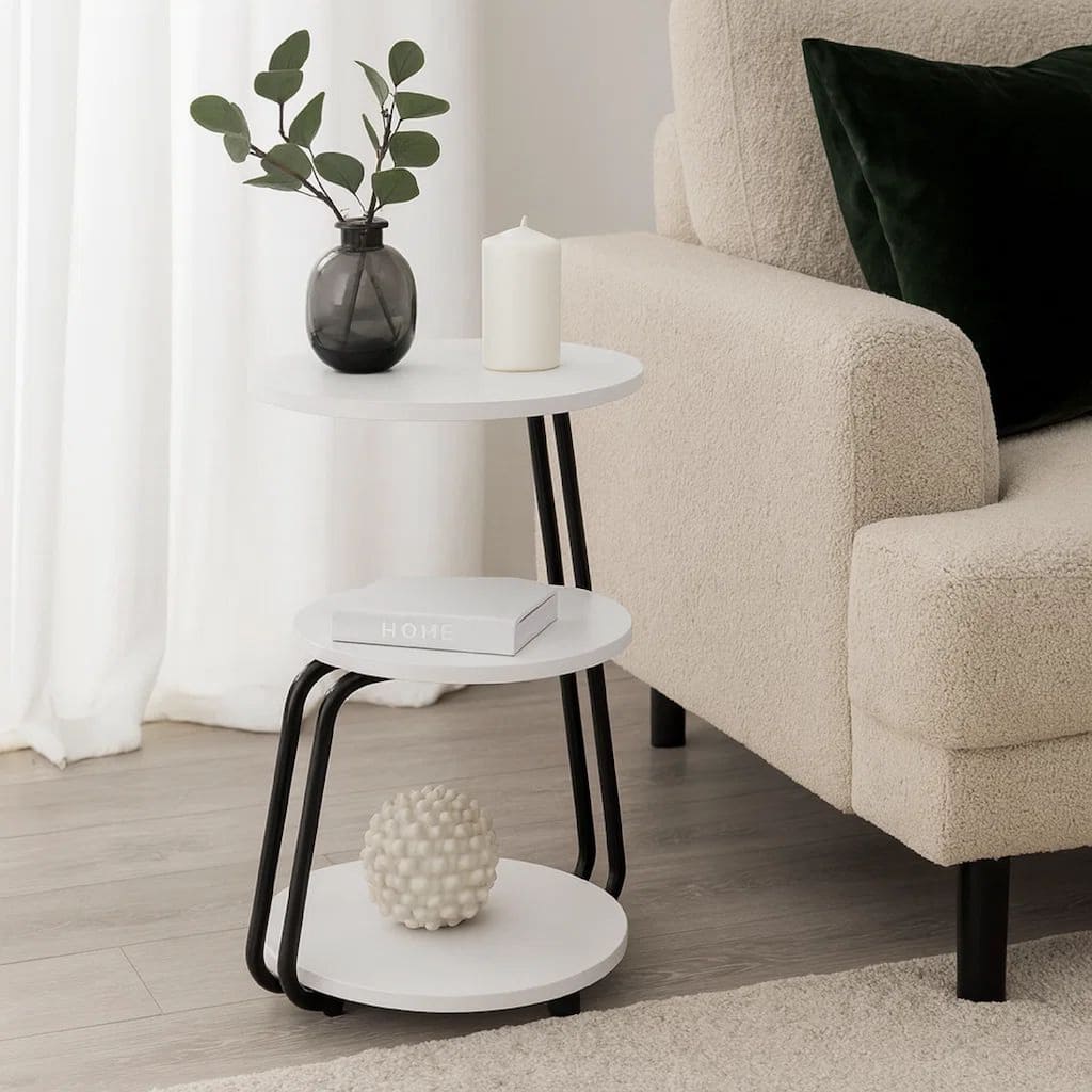 26 Inch Side End Table, 3 Tier Design, Black Metal Frame, White Finish