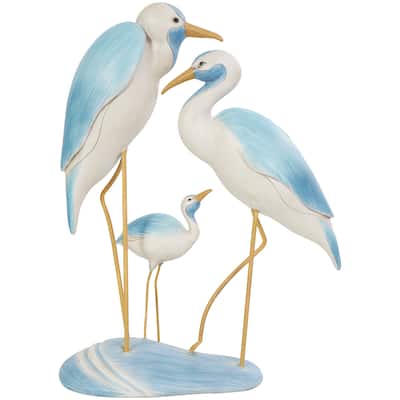Polystone Bird Family Sculpture with Yellow Accents - Light Blue - Roche River Decor - 5"W x 11"L x 15"H