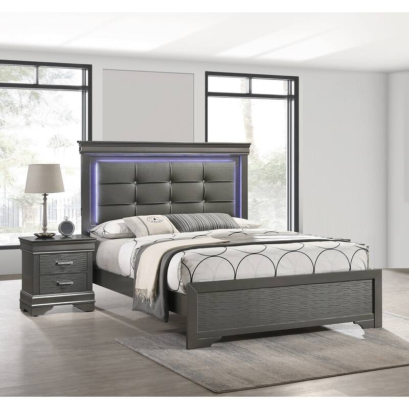 Modern Style 3pc Bed 2x Nightstand Set Bracket Legs Diamond Button Handles Gray Finish Bedroom Furniture