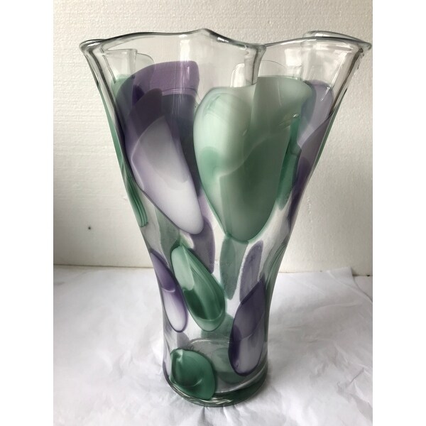 14" Green and Purple Spotted Hand Blown Glass Vase - N/A