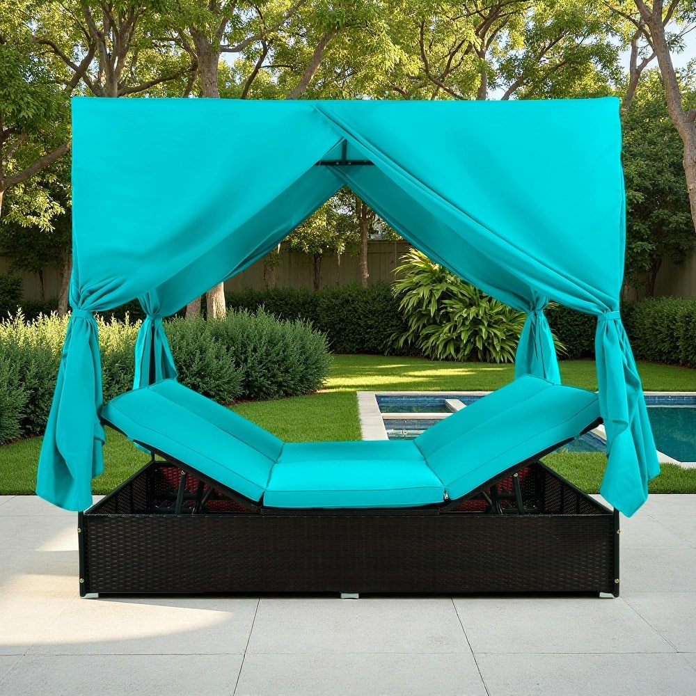 Outdoor Patio Rattan Canopy Daybed Sunbed with Curtain and Adjustable Seat