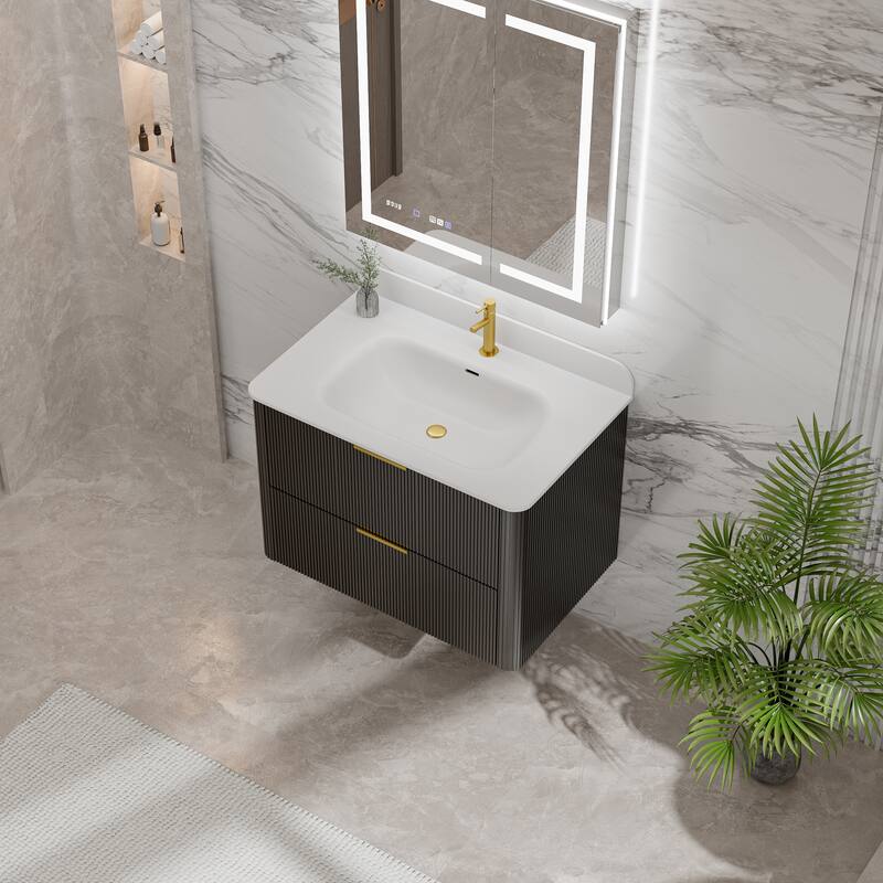 Modland Fluted Floating Vanity with Sink, Plywood Wall Mount Cabinet, Curved Edge, 24/30/36 Inch