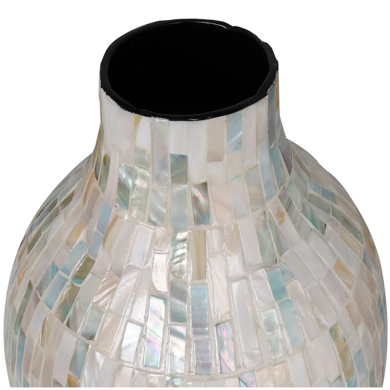 White Mother of Pearl Shell Handmade Mosaic Inspired Decorative Vase with Pastel Blue and Pink Accents