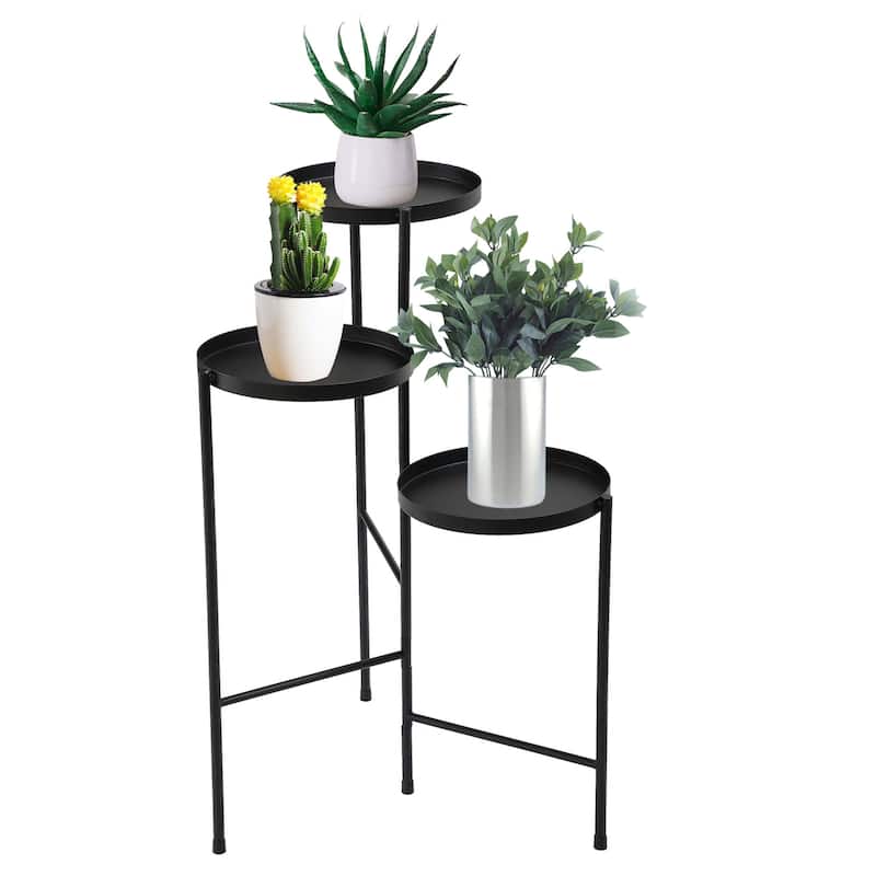 3 Tier Foldable Metal Plant Stand with Trays for Living Room Bedroom - 21.46*11.02*29.92