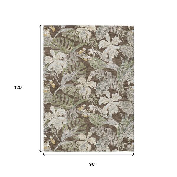 8' X 10' Brown Beige And Olive Green Botanical Leaves Washable Indoor ...