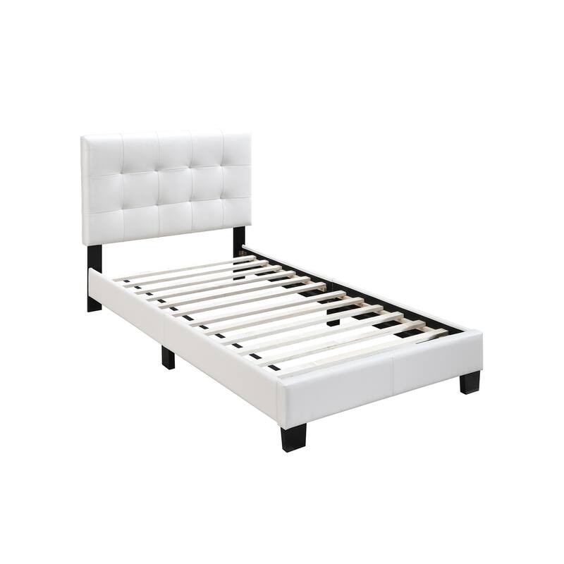 Modern White Faux Leather Twin Bed with Middle Support Legs & Rectangle Headboard!
