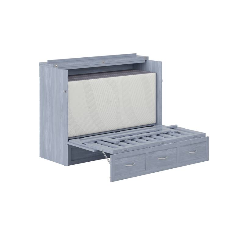 Northfield Full Murphy Bed Chest with 6" Mattress, Storage Drawer & Built-In Charger in Driftwood