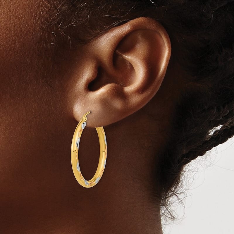 Curata 14k Yellow Gold With White Rhodium Satin Diamond cut 32x3mm Hoop Earrings