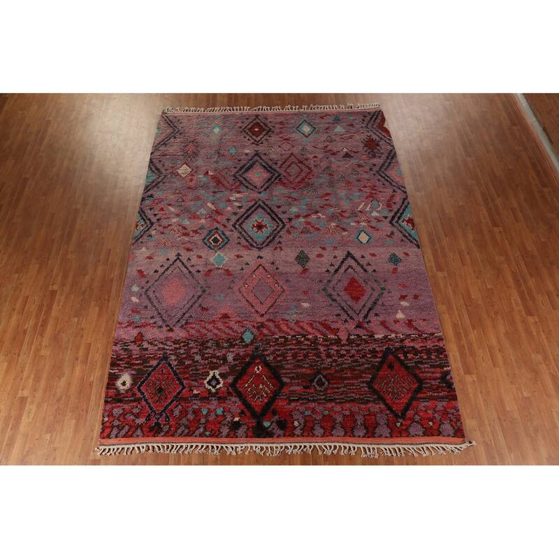 Plush Purple Moroccan Abstract Area Rug Hand-Knotted Wool Carpet - 9'1"x 12'11"
