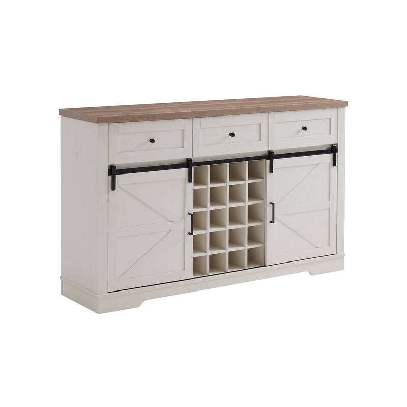 Farmhouse Wine Bar Cabinet with Sliding Barn Doors, 58" Storage Cabinet Buffet Sideboard with Wine Rack & 3 Drawers