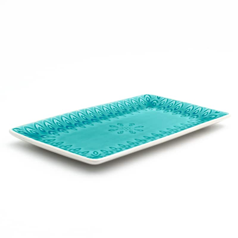 Euro Ceramica Peacock 12" Rectangular Crackle-Glazed Platter - 12.00 in. x 6.69 in. x 1.06 in.