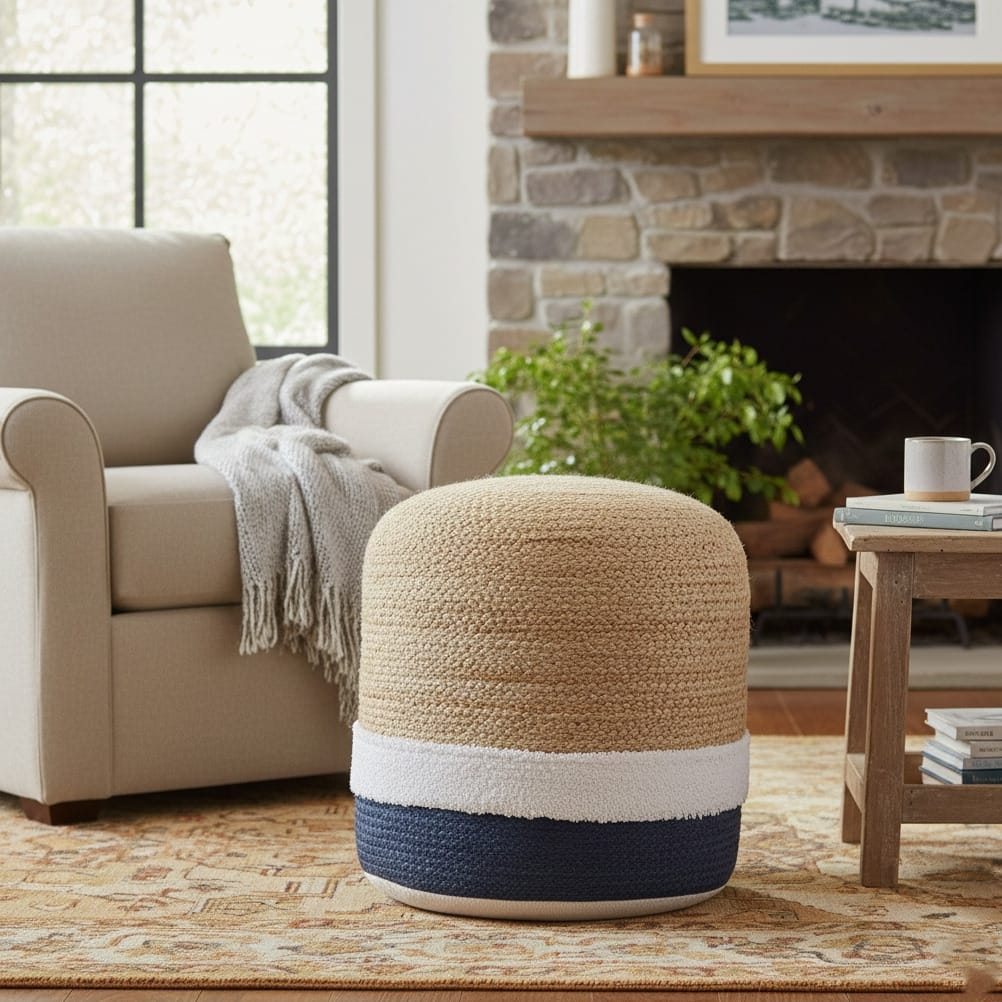 Sevita Natural/Navy Nautical Coastal Striped Hand-Made Pouf