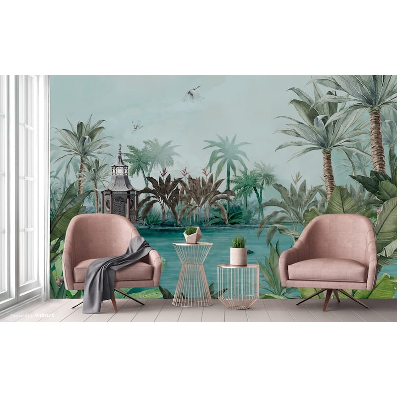 Tranquil Lakeside Pavilion Mural Tropical Palms Black Swan