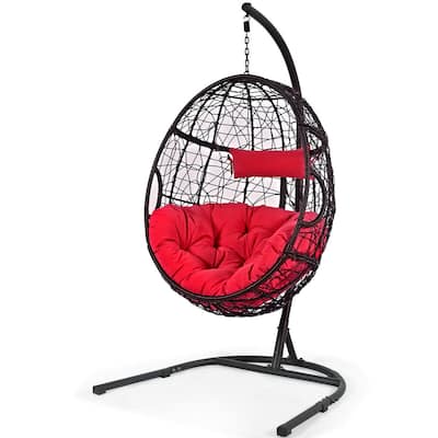 Gymax Hanging Hammock Chair Egg Swing Chair w/ Red Cushion Pillow - 40.5'' x 42'' x 81'' (L x W x H)