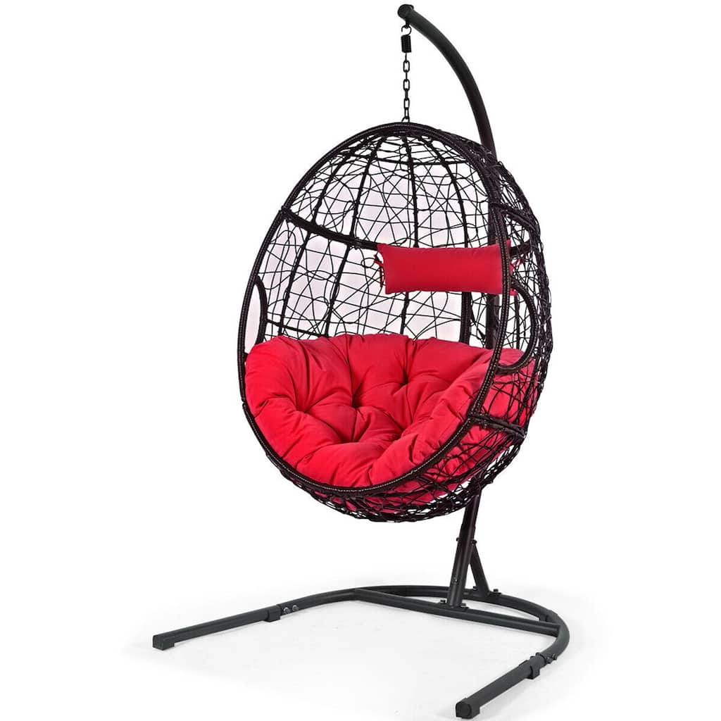 Gymax Hanging Hammock Chair Egg Swing Chair w/ Red Cushion Pillow - 40.5'' x 42'' x 81'' (L x W x H)