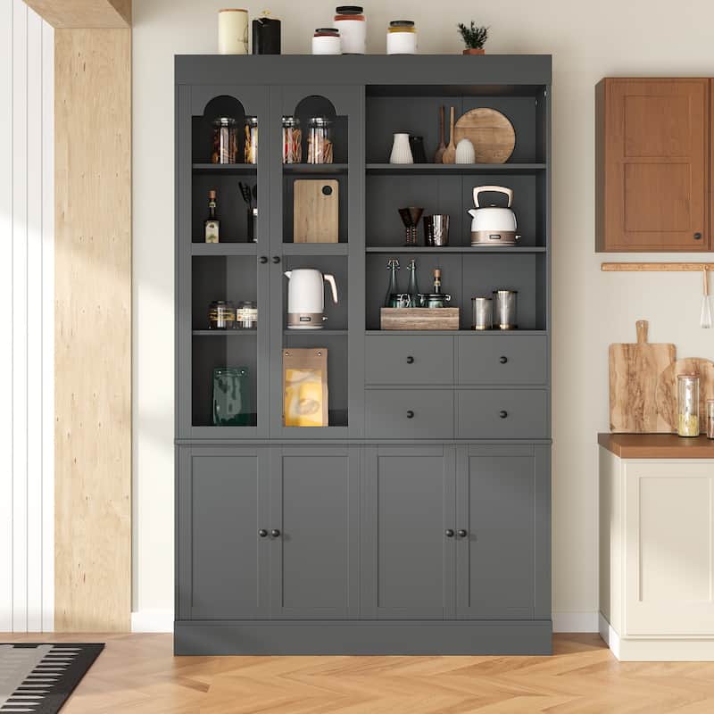 47.2x15.7x75inch Freestanding Buffet with Hutch, Tall Kitchen Pantry Cabinet with 4 Drawers, Door Shelves and Pull-out Trays