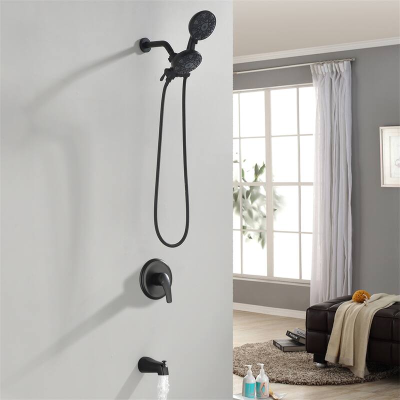 Wall Mount Dual Head Shower Faucet with Tub Spout Brass Complete Shower System with Hand Shower Valve Included
