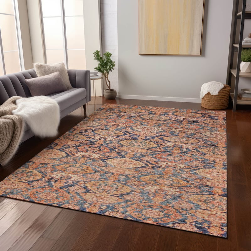 Machine Washable Indoor/ Outdoor Traditional Damask Chantille Rug