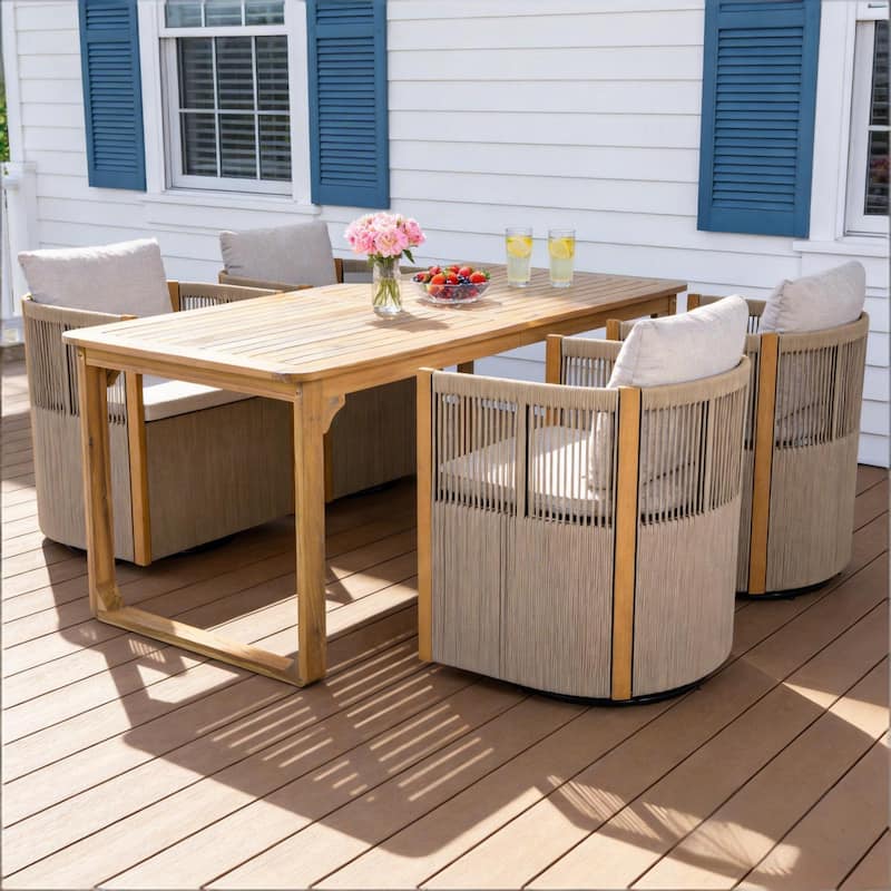 Christopher Knight Home - Ronan Outdoor Acacia Wood Dining Set with Swivel Rope Armchairs & Curved Leg Dining Table, Teak Finish - 5-Piece Set-Beige