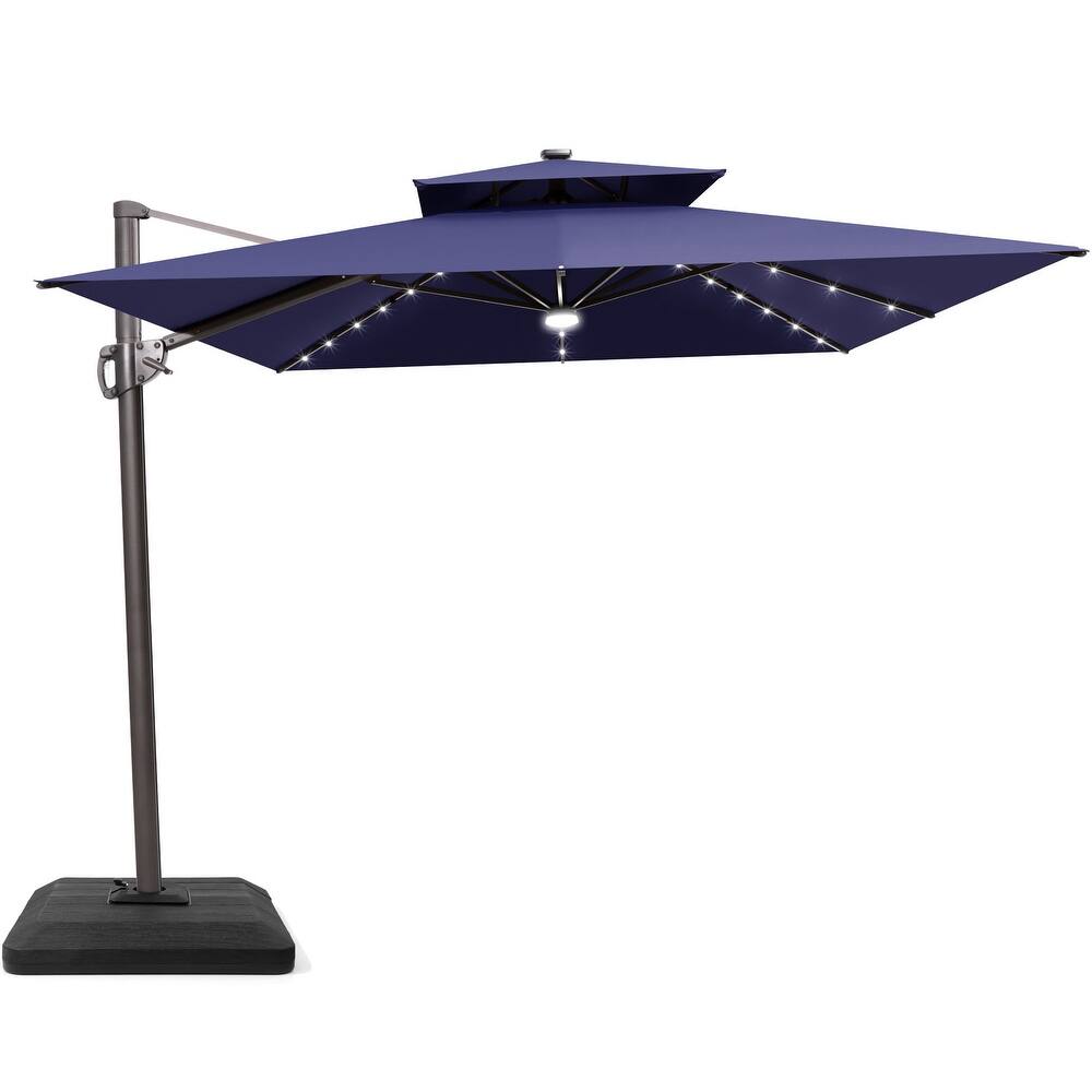 9 x11 FT Cantilever Patio Umbrella with Weighted Base, Double Canopy & LED Lights