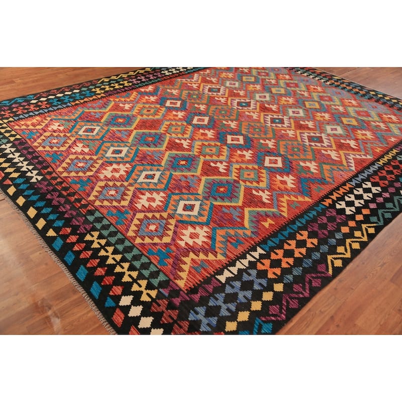 Geometric Kilim Area Rug Hand-Woven Oriental Wool Carpet - 8'5"x 11'4"