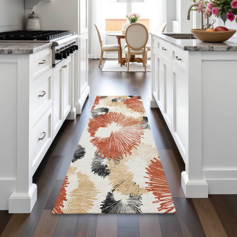 Machine Washable Indoor/Outdoor Modern Floral Chantille Rug