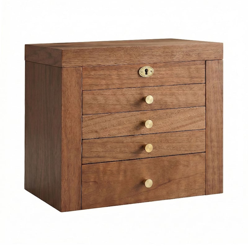 Walnut Color Pull-out with Locking and Mirror 5-Layer Jewelry Box - 11.82