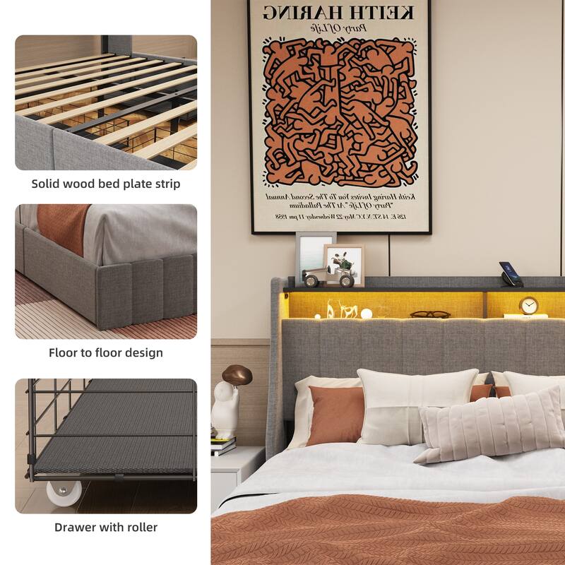 Queen/Full/Twin Size Wings Headboard Design Bed Frame with LED, 4 Under-bed Portable Storage Drawers