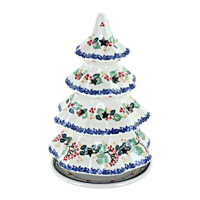Blue Rose Polish Pottery 602 Ceramika Artystyczna Large Christmas Tree Luminary - Holly