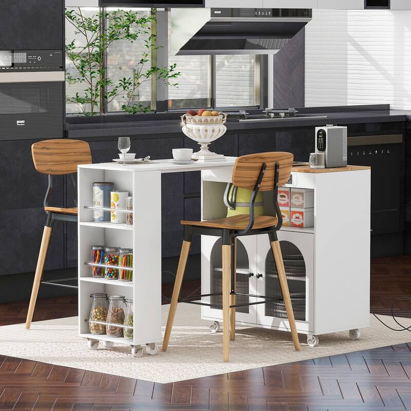 33 in. W Kitchen Island Rubberwood Top on 8 Wheels With Extended Table, LED Lights, Power Outlets