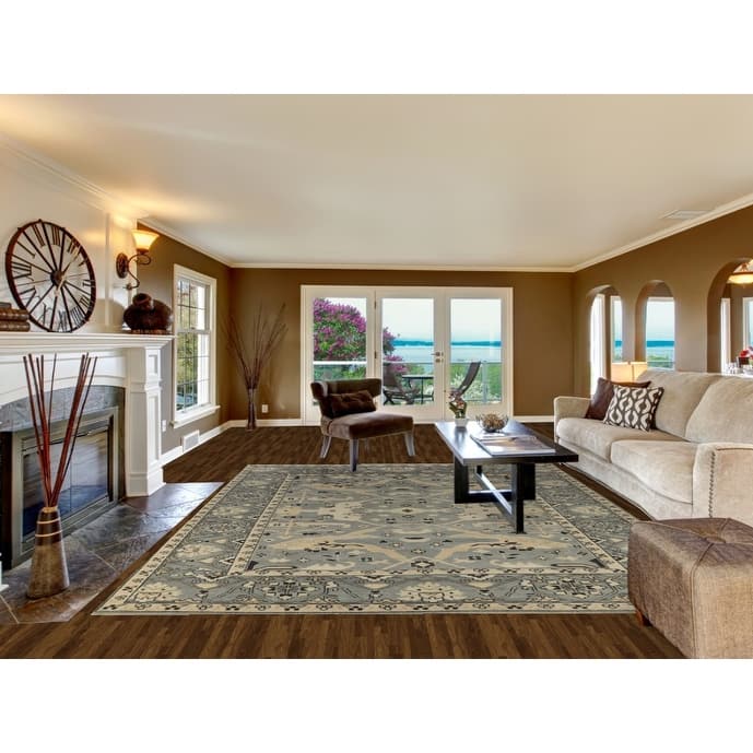 Light Blue Oushak Area Rug Handmade Transitional Floral Wool Carpet - 9'3" x 11'8"