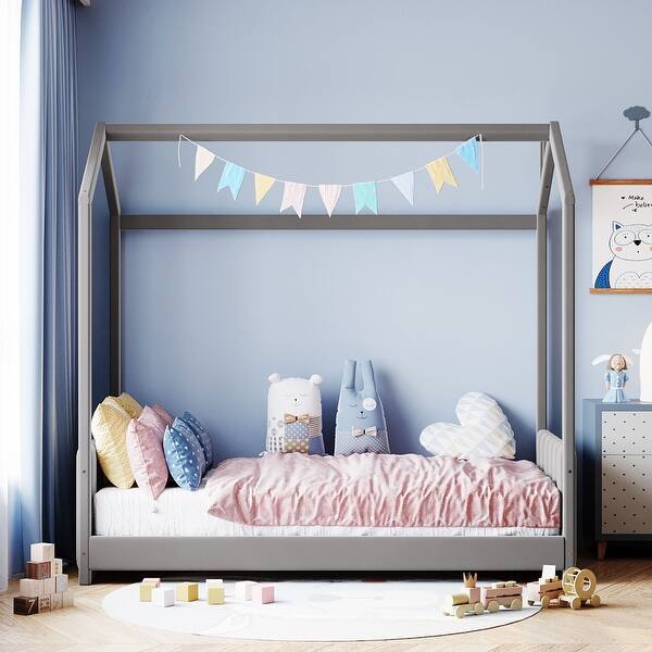 slide 2 of 8, Elegant Design Twin Size House Bed with Wooden Frame Light Grey