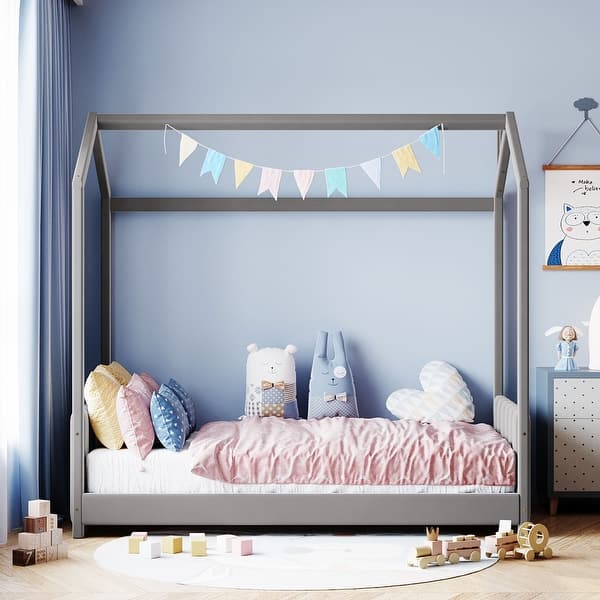 slide 2 of 8, Twin Size House Bed Velvet Platform Bed with Roof and Pine Frame Grey - Twin