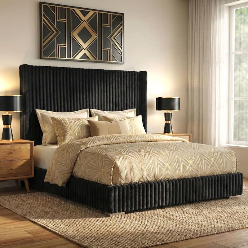 Furniture of America Draper Modern Chenille High Wingback Platform Bed - Black - King