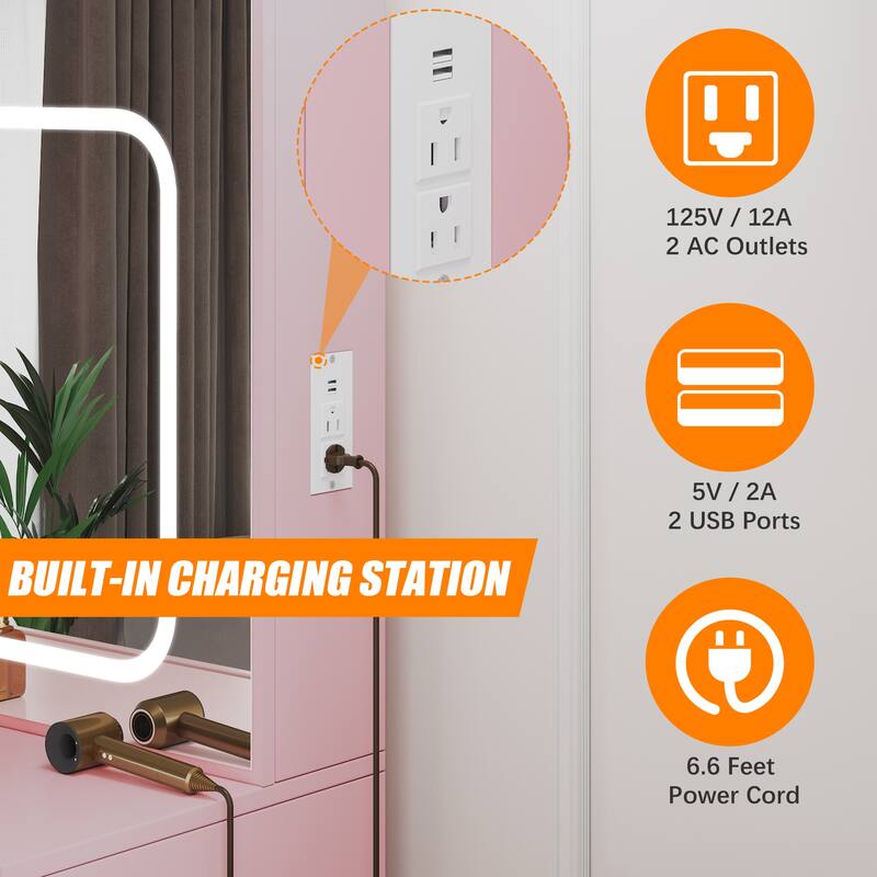 Vanity Desk with Mirror and LED Lights, Makeup Vanity Desk with Sliding Lighted Mirror & Charging Station