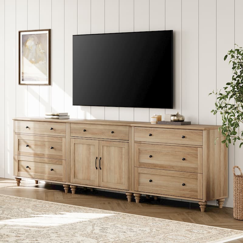 Farmhouse TV Stand with Doors and Drawer﻿ - 7 Drawers and 2 Doors - Oak