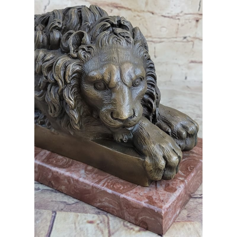Guardian Lion Bronze Statue Sculpture Figure On Red Marble Base 7 Inches X 12.5 Inches