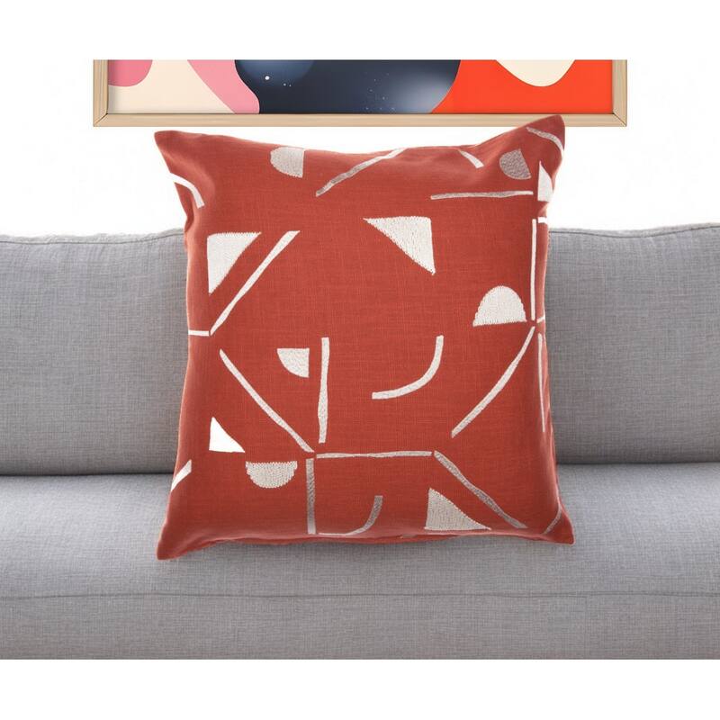 HomeRoots 20" Orange and Ivory Geometric Cotton Blend Throw Pillow With Embroidery - Accent - Polyester