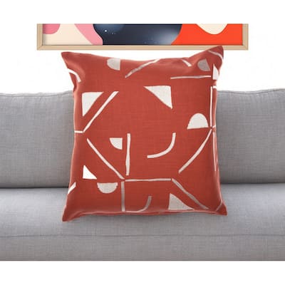 HomeRoots 20" Orange and Ivory Geometric Cotton Blend Throw Pillow With Embroidery