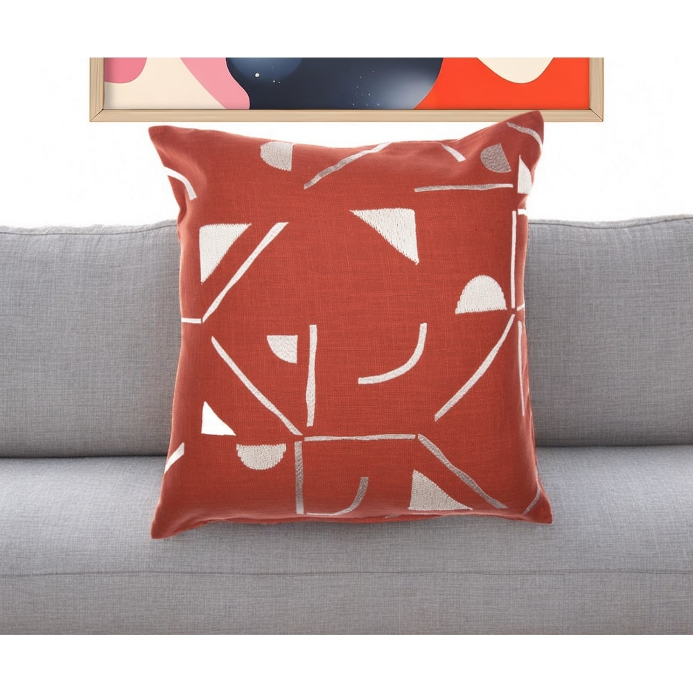 20" Orange and Ivory Geometric Cotton Blend Throw Pillow With Embroidery