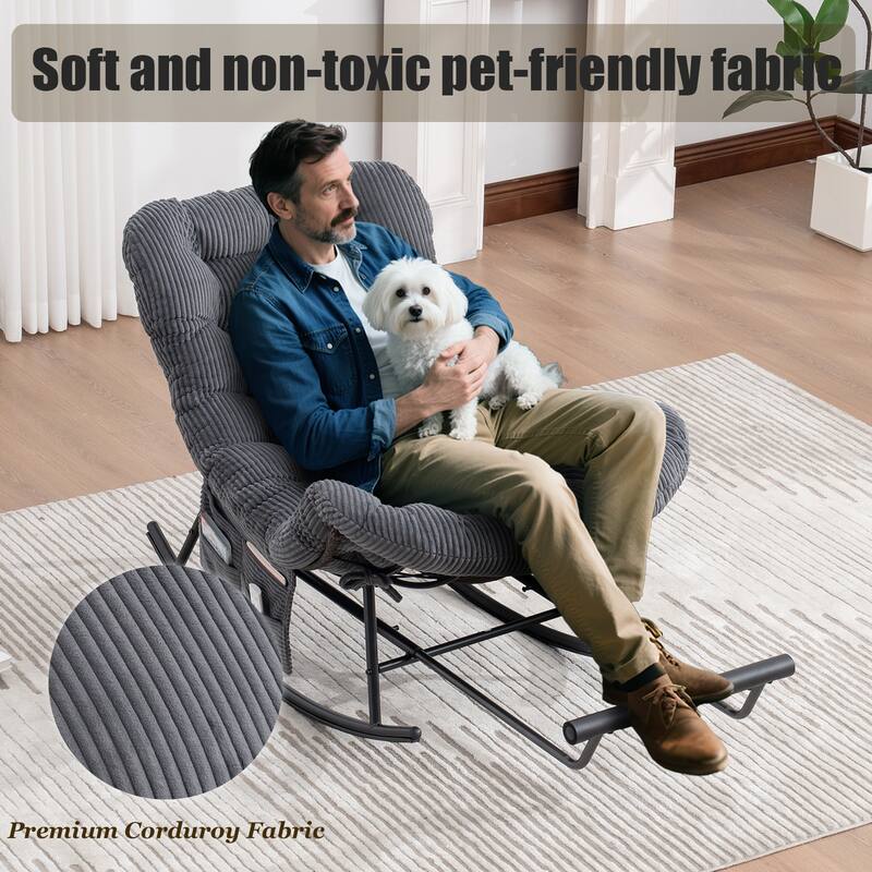 HOMEFUN Corduroy Upholstered Egg Shaped Design Steel Frame Rocking Chair with Side Pocket and Foot Pedal