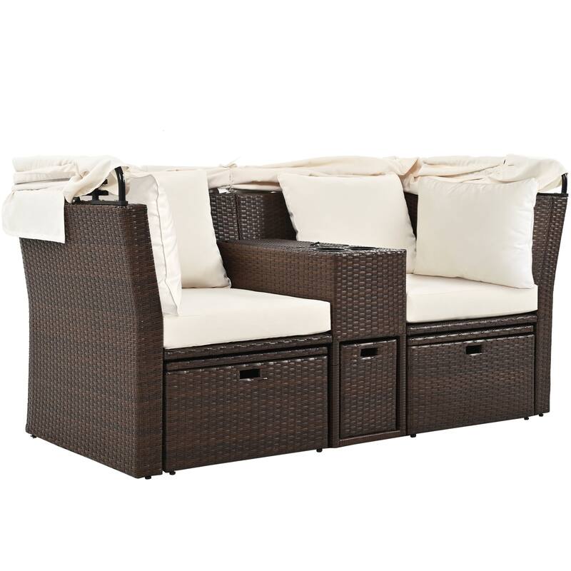 Convertible Outdoor Patio Daybed Loveseat Sofa Set with Retractable Canopy and Central Console