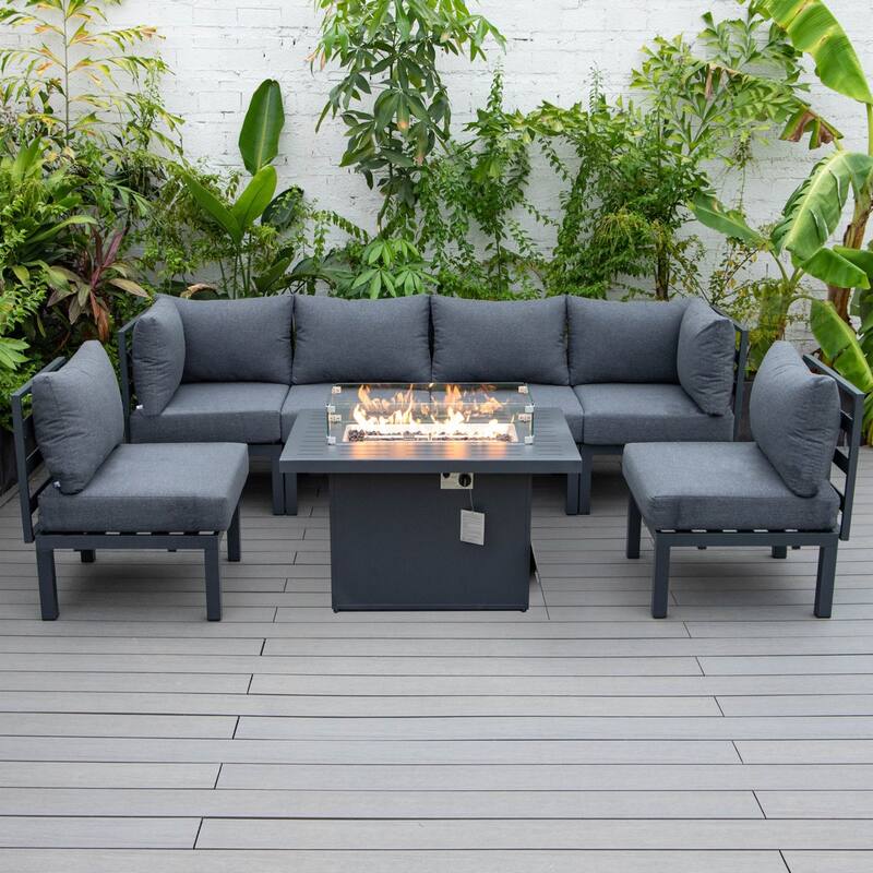 Chelsea 7-Piece Outdoor Patio Sectional Set with Firepit Table in Black Aluminum for Backyard Garden and Patio Deck