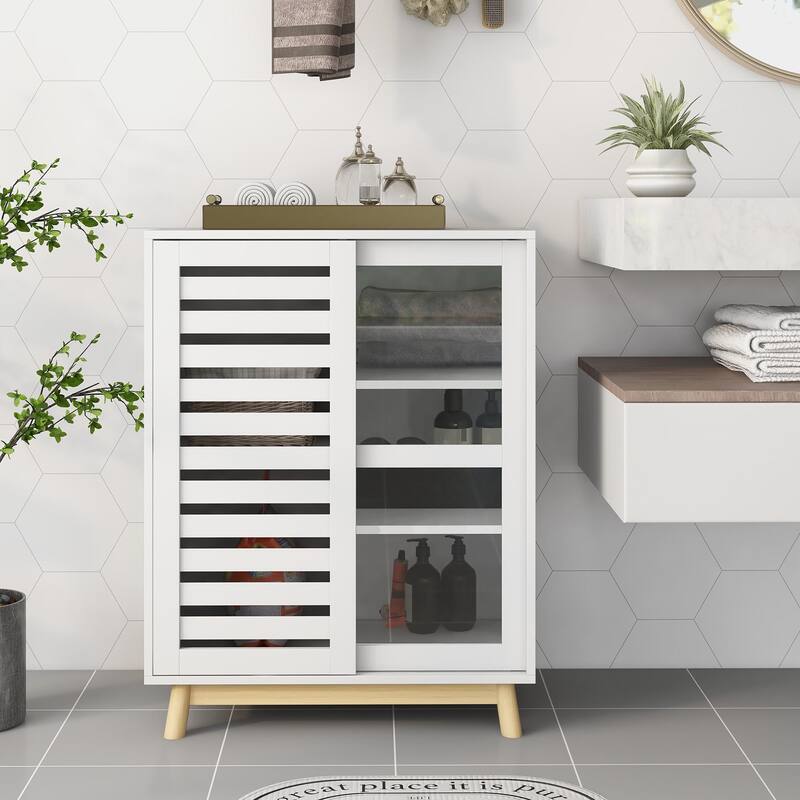 Asymmetric Sliding Door Storage Cabinet - White - Wood Finish