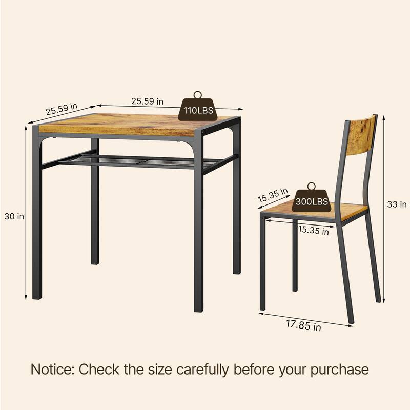 3 Piece Kitchen Table, Dining Table with 2 Chairs Set for Small Space