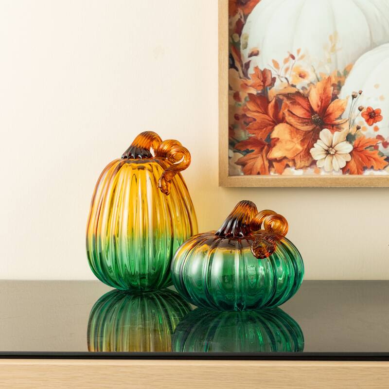 Glitzhome Fall Harvest Handblown Glass Pumpkins Set Thanksgiving Table Centerpieces - Set of 2-Gradient Green