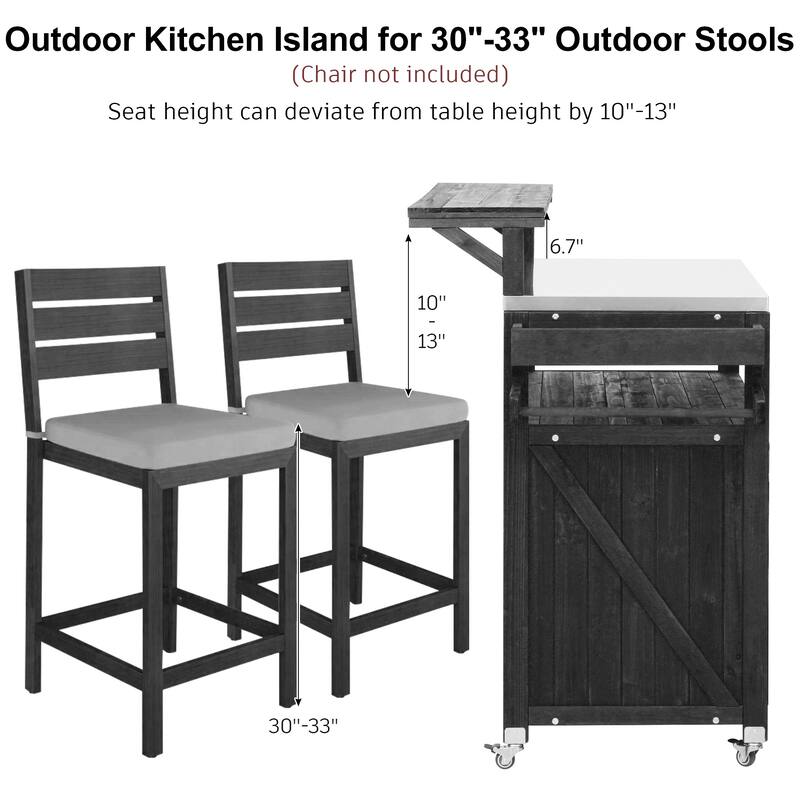 53.3" Outdoor Kitchen Island with Raised Shelf,Solid Wood Storage Cabinet with Stainless Steel Top(NO CHAIR) - N/A