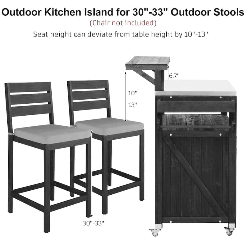 Outdoor Kitchen Island with Stainless Steel Top, 53 inch Solid Wood Storage Cabinet, Rolling Grill Cart with Adjustable Shelf