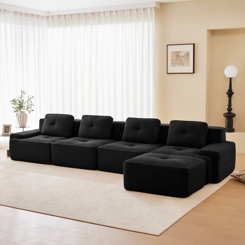 L-Shaped Premium Modular Corduroy Sectional Sofa with Movable Ottoman